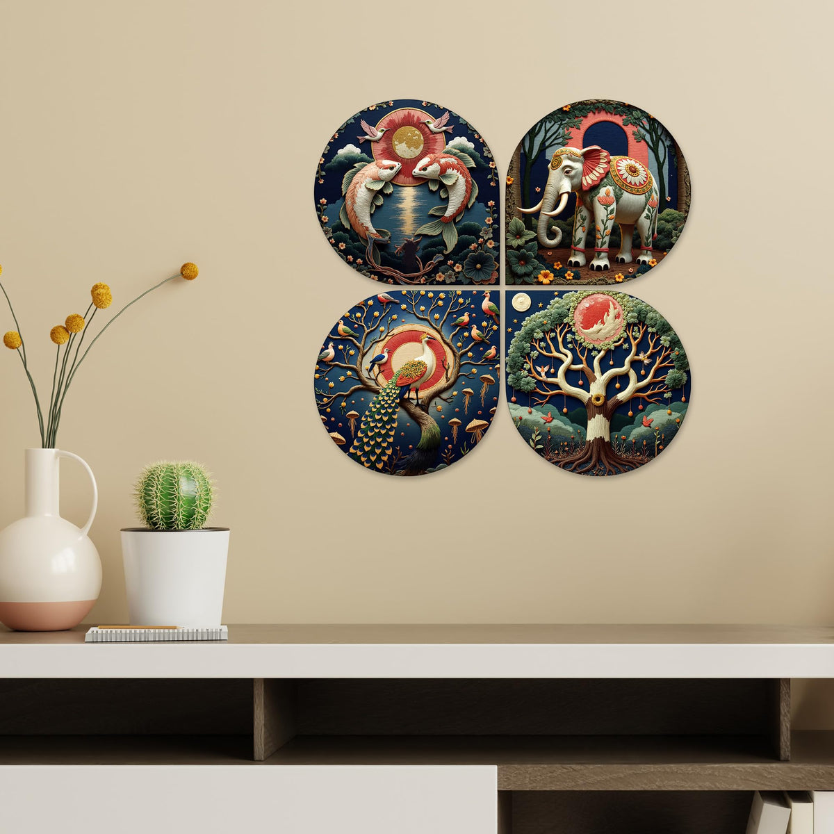 Artvibes Modern Art Wild Life Decorative MDF Wooden Wall Art for Home | Room Decoration | Handcrafted Art | Wall Sculpture | Wall Illustrations | Handcrafted Art | Gift Items (WH_8427N), Set of 4