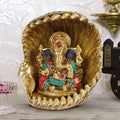 ARTVARKO Lord Ganesha Ganesh Sitting Inside Shankh Shell Brass with Multicolor Gemstone Handwork Idol Statue (LxBxH 5x3x 6 Inches)