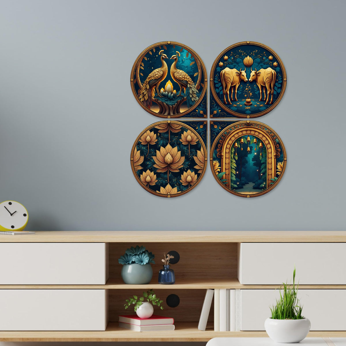 Artvibes Nature Decorative Wall Hanging Ornaments | Living Room | Office | Cafe | Painting Wall Decor | Scenery For Drawing Room | Wall Poster | Handcrafted Art | Unique Gift (WH_8462N), Set of 4
