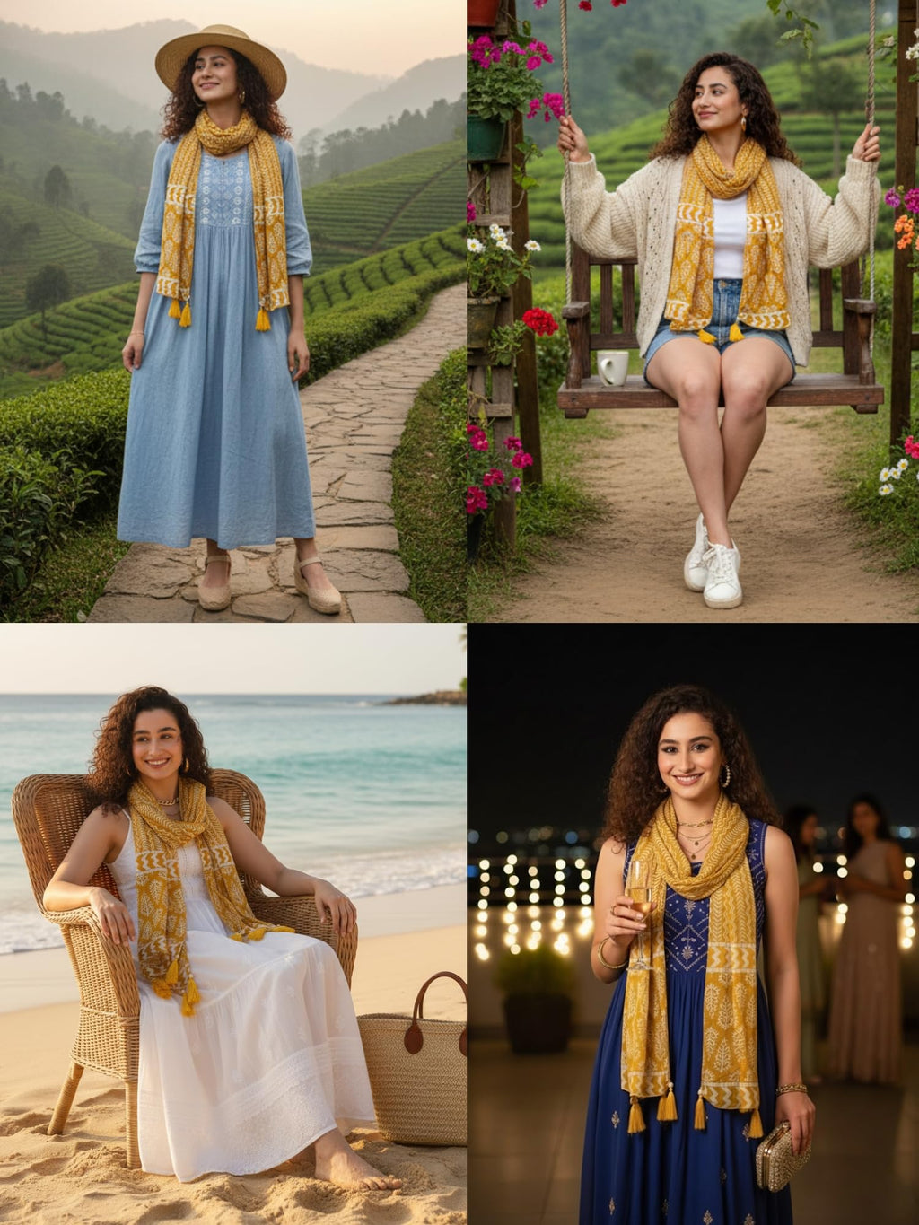KE KANHA EXPORTS Scarf for Women Premium Cotton Boho | Dual Tone Border Print Stole with Tassels | Lightweight Summer Beach Wrap 180 x 50 cm (Mustard)