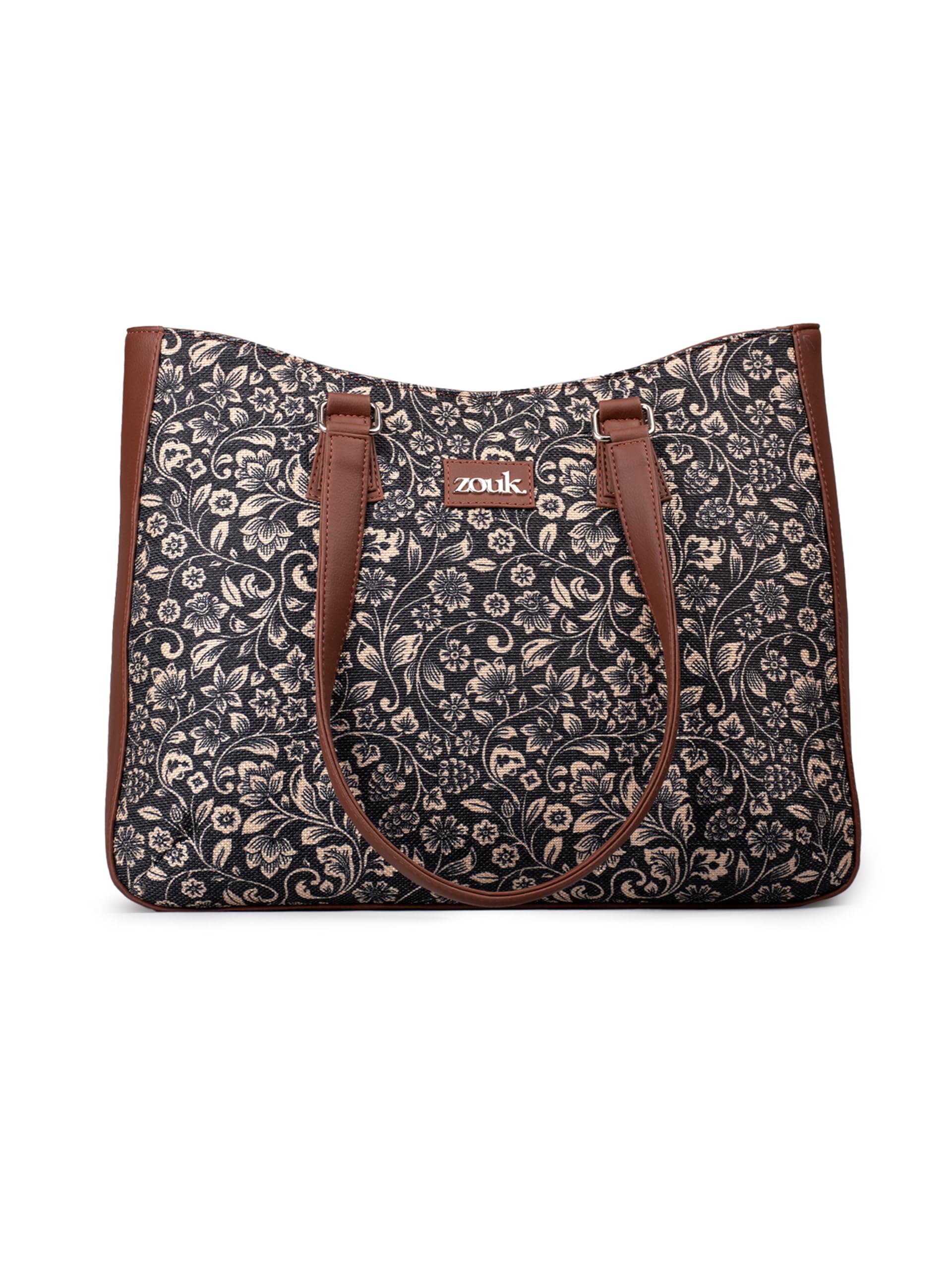 ZOUK FloMotif Getaway Handbag | Jute | Vegan Leather Handcrafted Tote Bag | Black