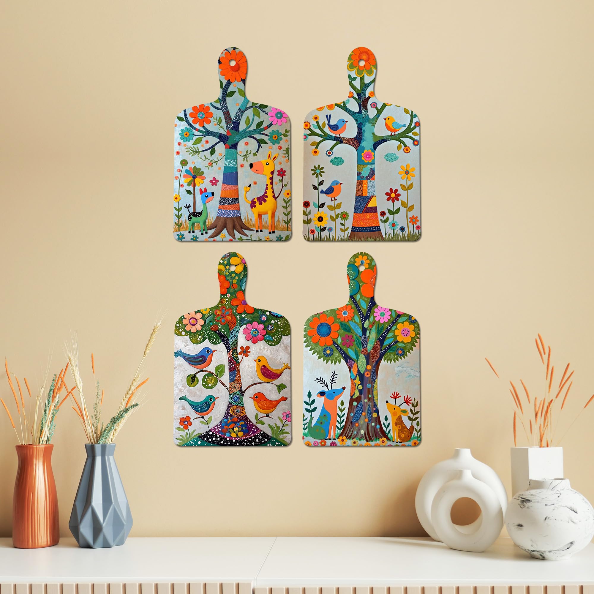 Artvibes Indian Folk Art Tree of Life Decorative Wall Art MDF Wooden Wall Hanger for Home | Printed Wall Decoration | Graphic Artwork | Wall Illustrations | Sceneries | Gift Items (WH_5656N), Set of 4