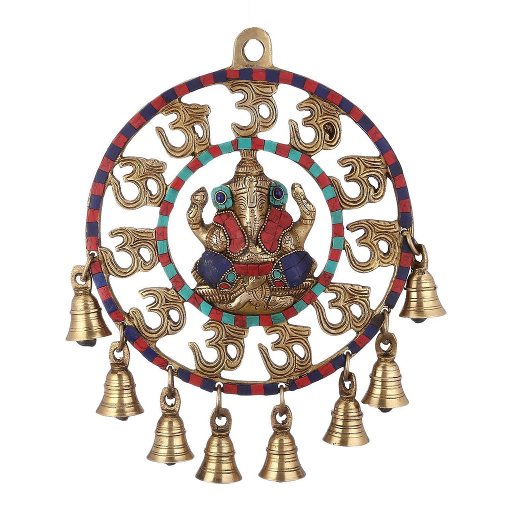 ARTVARKO Brass Om Ganesha Bells Wall Hanging with Spectacular Gemstones