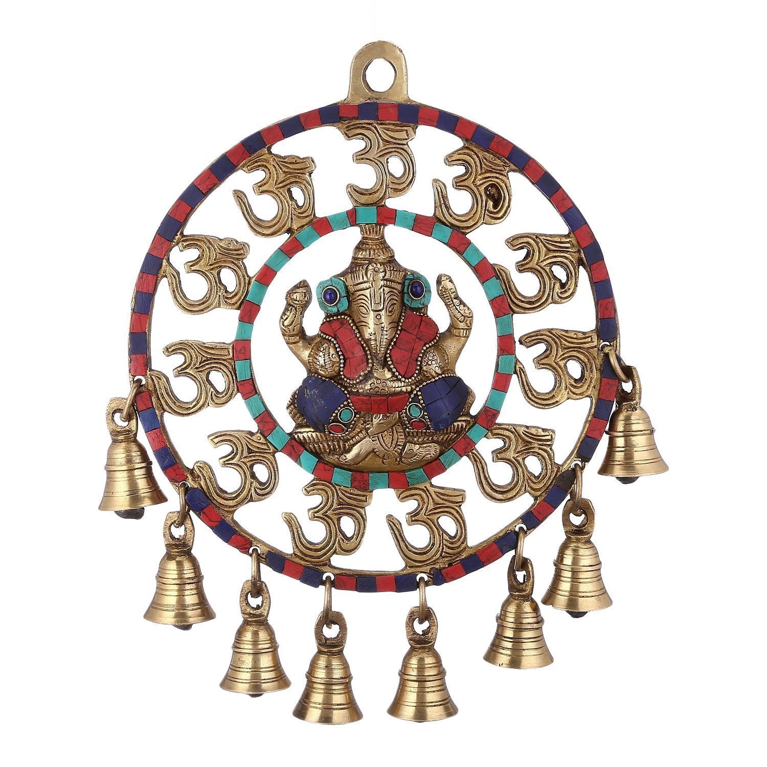 ARTVARKO Brass Om Ganesha Bells Wall Hanging with Spectacular Gemstones