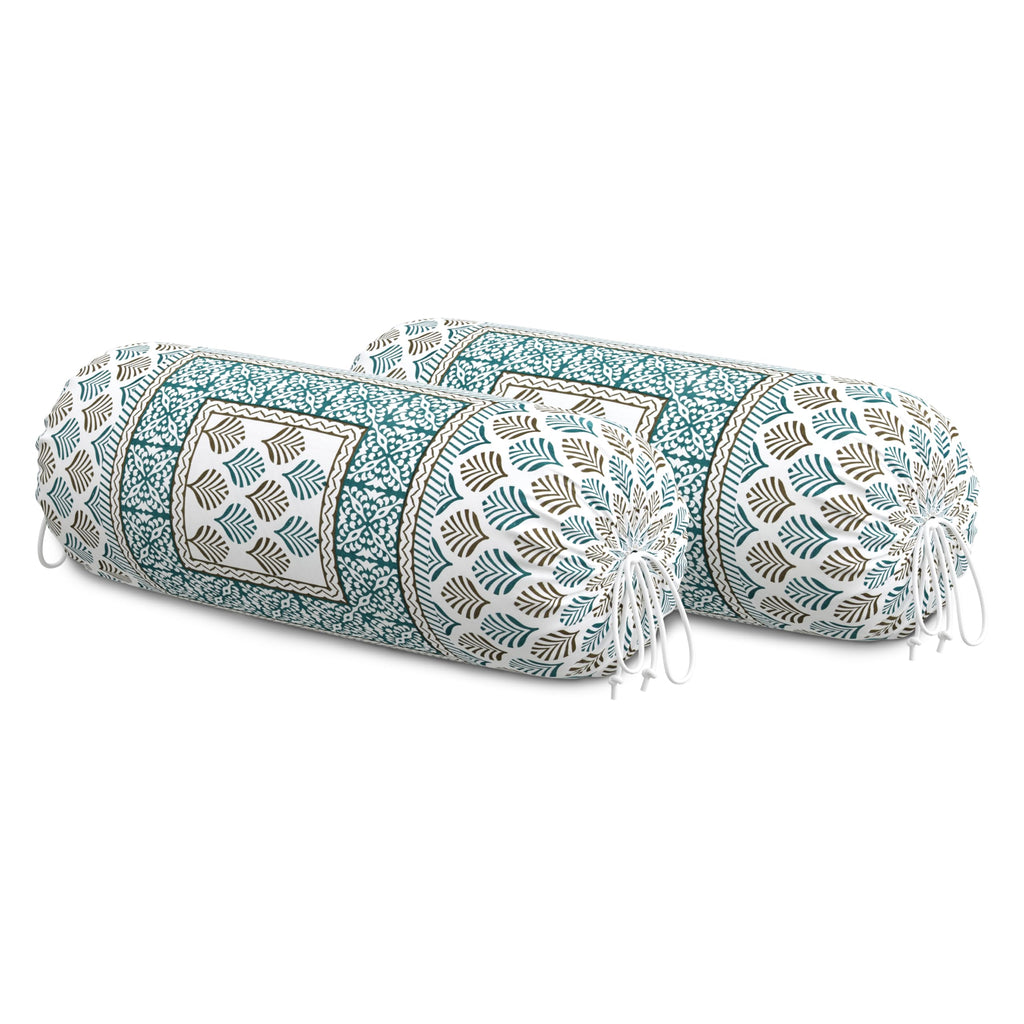 BLOCKS OF INDIA Cotton Hand Block Printed Bolster Cover | Booster Cover with Drawstring | Round Long Pillow Cover for Bed | Dewan Pillow Cover Set 16 X 32 | Set of 2 (Green Motifs)