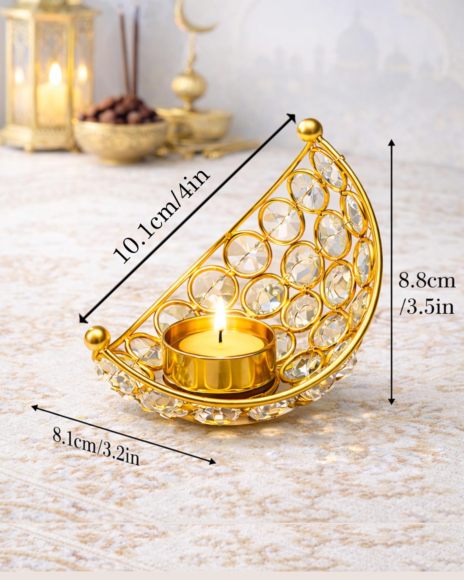 Homesake® Crystal Handcrafted Moon Shaped Tea Light Candle Holder for Home Décor Table Top Living Room for Diwali, Festive Decorative, Diwali Decorations for Home, Gifts Items, (Golden, Set of 2)
