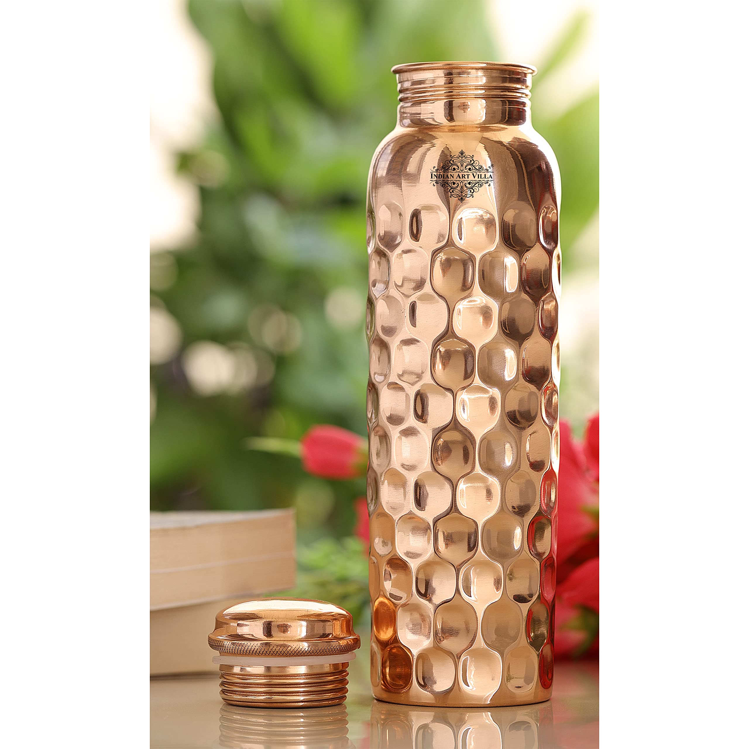 Indian Art Villa Copper Water Bottle – 1000 ML, Mirror Shine Finish, Lacquer Coated Diamond Design, Ayurvedic Pure Copper Bottle for Daily Use, Drinkware, Perfect for Home, Office and Travel, Set of 1