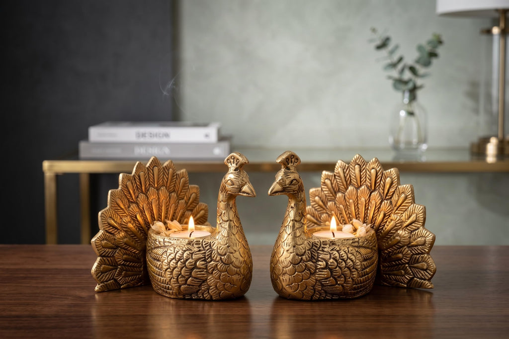 Kridaykraft Aluminum Peacock Pair Tealight Candle Holder Set | Gold Finish Traditional Decorative Showpiece for Home Decor, Diwali Diya, Living Room, Table Centerpiece & Festive Gifting (Set of 2)