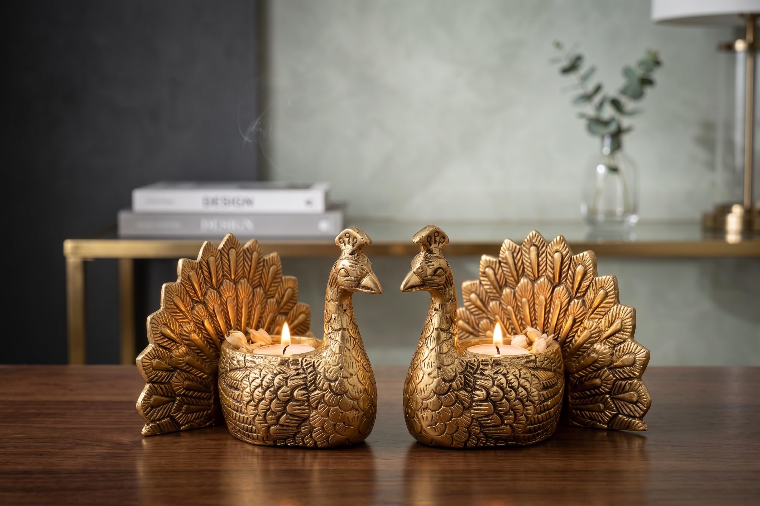 Kridaykraft Aluminum Peacock Pair Tealight Candle Holder Set | Gold Finish Traditional Decorative Showpiece for Home Decor, Diwali Diya, Living Room, Table Centerpiece & Festive Gifting (Set of 2)