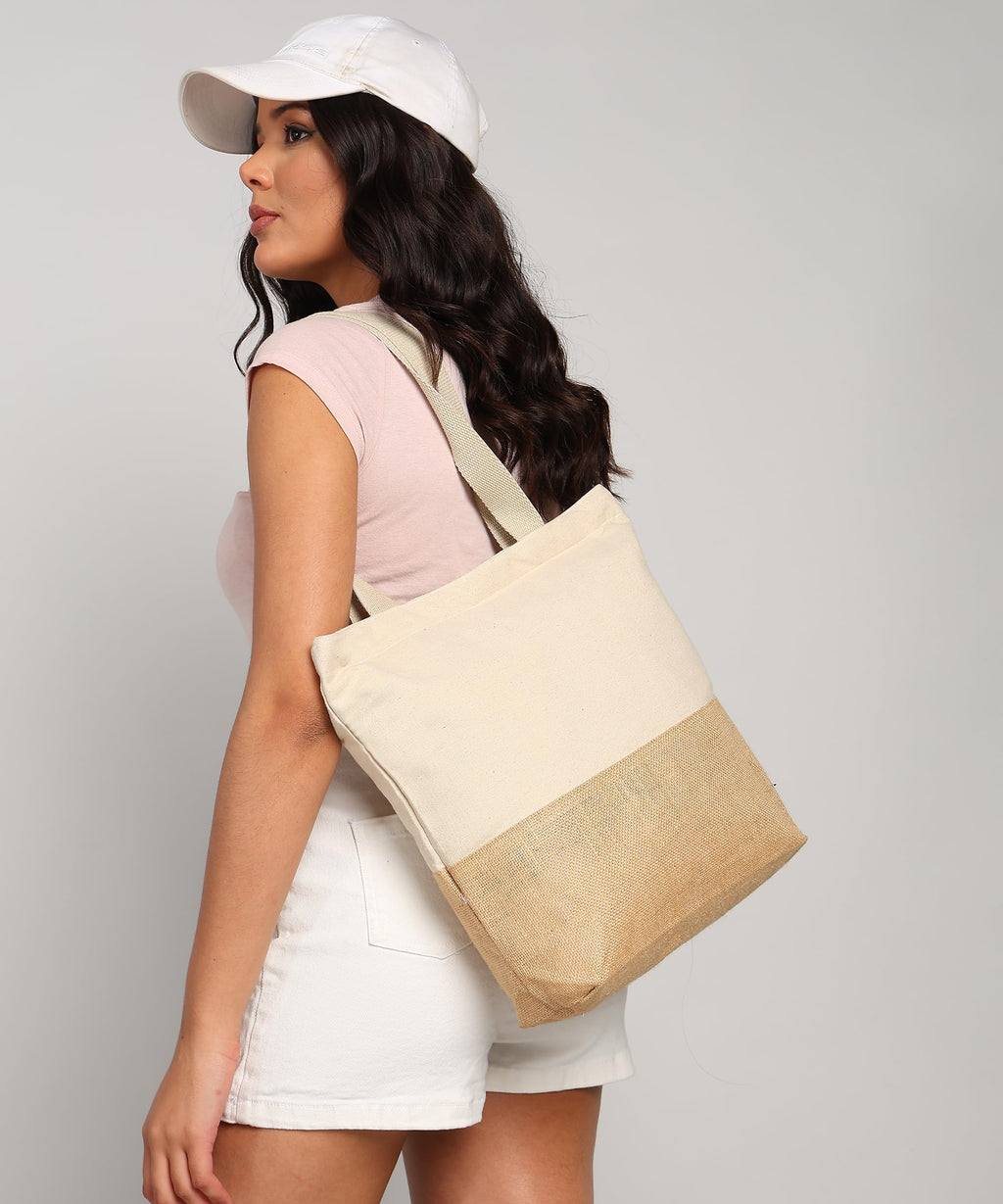 Econest Premium Canvas Totebags for Women with zipper, College Bag for Girls, 100% Organic Cotton Tote bag | beach,gift,office, school & Daily Usable strong handbag Medium size (NATURAL JUTE)