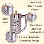 Indian Art Villa Diamond Hammered Steel Copper Jug Pitcher with Brass Knob, Serveware, 2000 ML