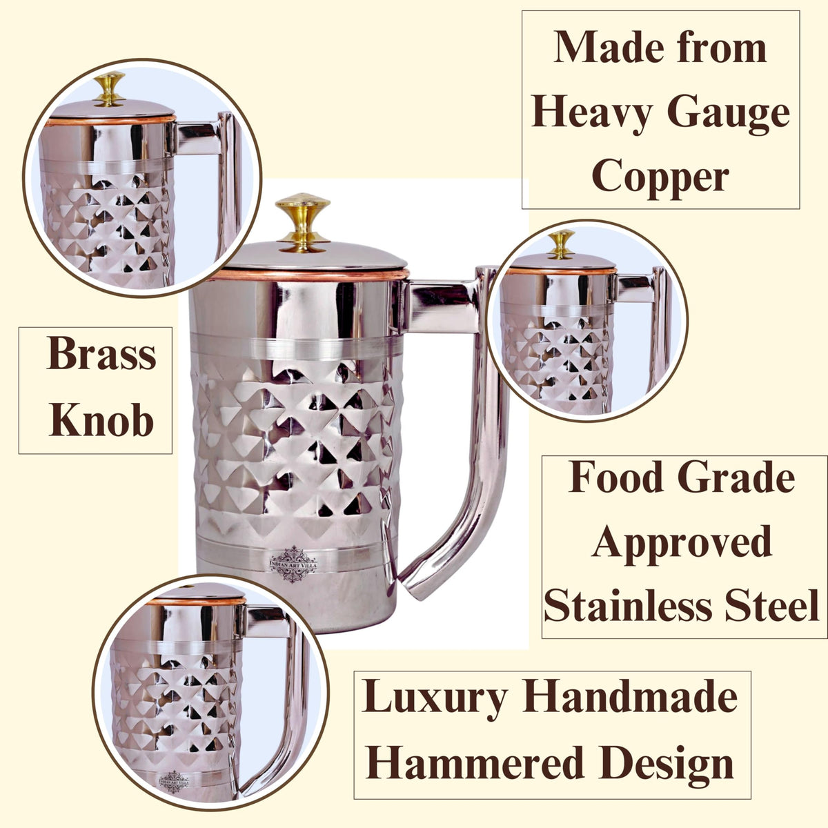 Indian Art Villa Diamond Hammered Steel Copper Jug Pitcher with Brass Knob, Serveware, 2000 ML
