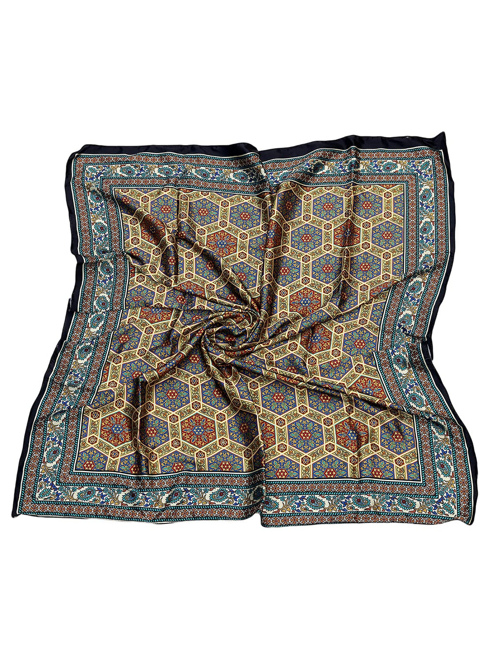 leeza store Women's Golden Yellow Silk Scarf For Women | 40x40 Inch Digital Printed Persian Mughal Hexagon Pattern | Soft & Elegant Square Wrap | Stylish Head, Neck & Hair Scarf