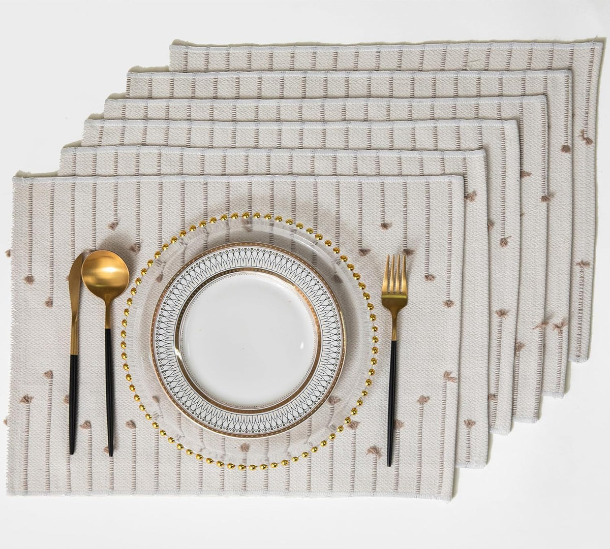 ALSTONIA Handmade Cotton Dining Table Placemats | Heat Resistant Dining Table Place Mats |Kitchen Tabletop|Kitchen Coffee Center Table & Eating Areas (Beige & White, 6 Pcs Placemats with Runner) Kafalo