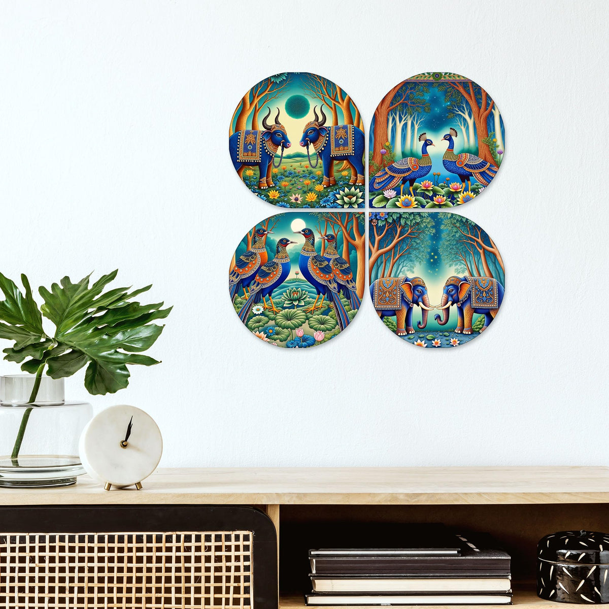 Artvibes Traditional Animal Wooden Wall Hanger for Home Decor | Living Room | Office | Cafe | Painting Wall Decor | Aesthetic Wooden Decor | Handcrafted Art | Ideal Gifts (WH_8456N), Set of 4