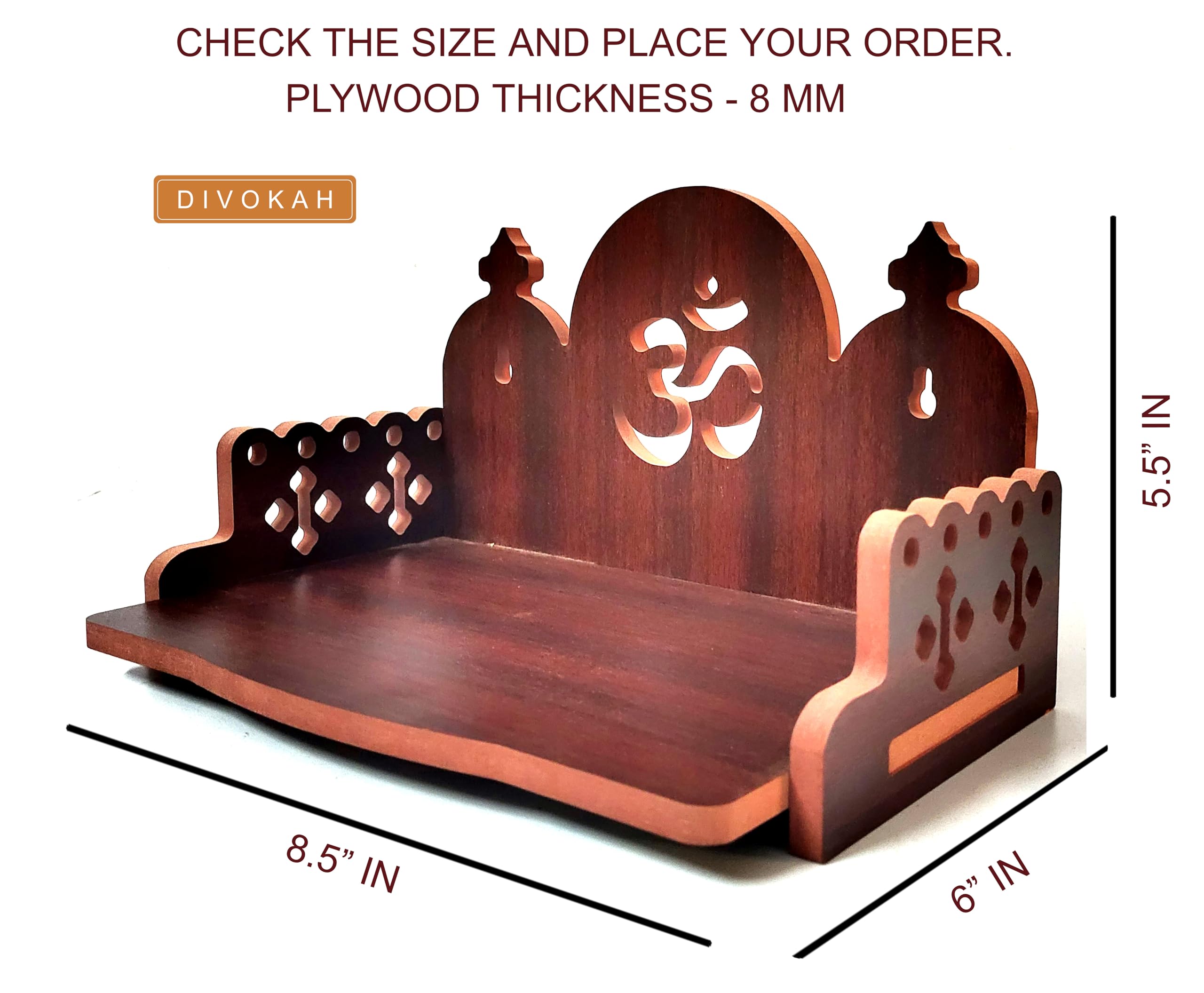 DIVOKAH® Plywood Small Wooden Temple for Home Office and Shop/Wall Hanging Temple/sinhasan/Pooja mandir/Pooja Stand/Hindola (8 MM Plywood Thickness) (BR_3G)