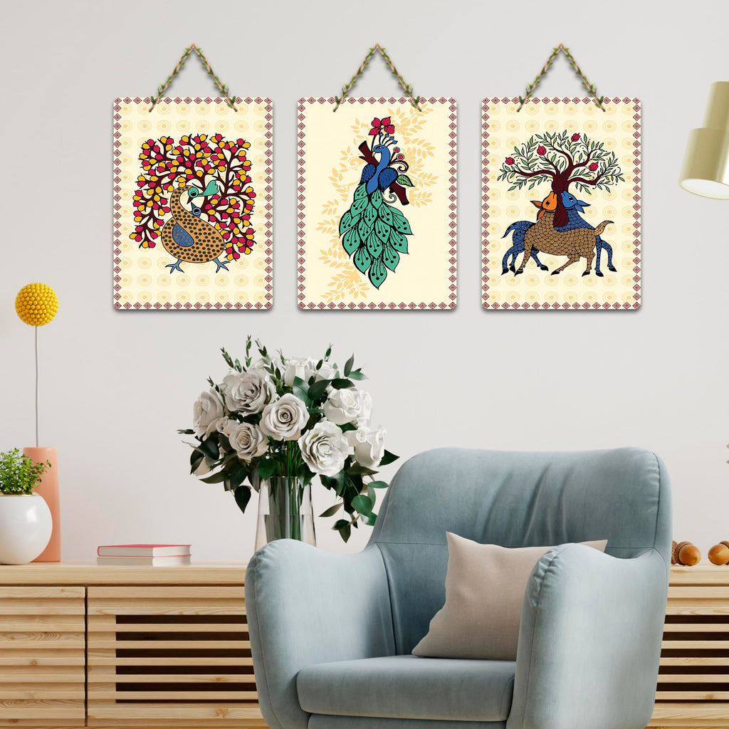 Artvibes Aesthetic Peacock & Tree Classical Art Decorative Wooden Wall Hanging For Living Room | Printed Wall Decoration | Graphic Artwork | Wall Illustrations | Gift Items (WH_9687N), Set of 3