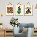 Artvibes Aesthetic Peacock & Tree Classical Art Decorative Wooden Wall Hanging For Living Room | Printed Wall Decoration | Graphic Artwork | Wall Illustrations | Gift Items (WH_9687N), Set of 3