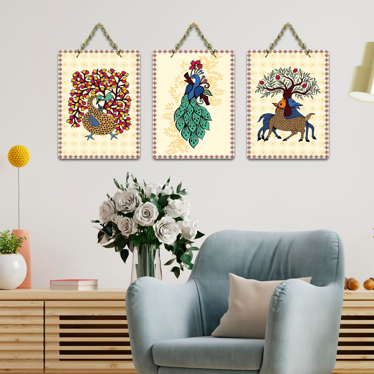 Artvibes Aesthetic Peacock & Tree Classical Art Decorative Wooden Wall Hanging For Living Room | Printed Wall Decoration | Graphic Artwork | Wall Illustrations | Gift Items (WH_9687N), Set of 3