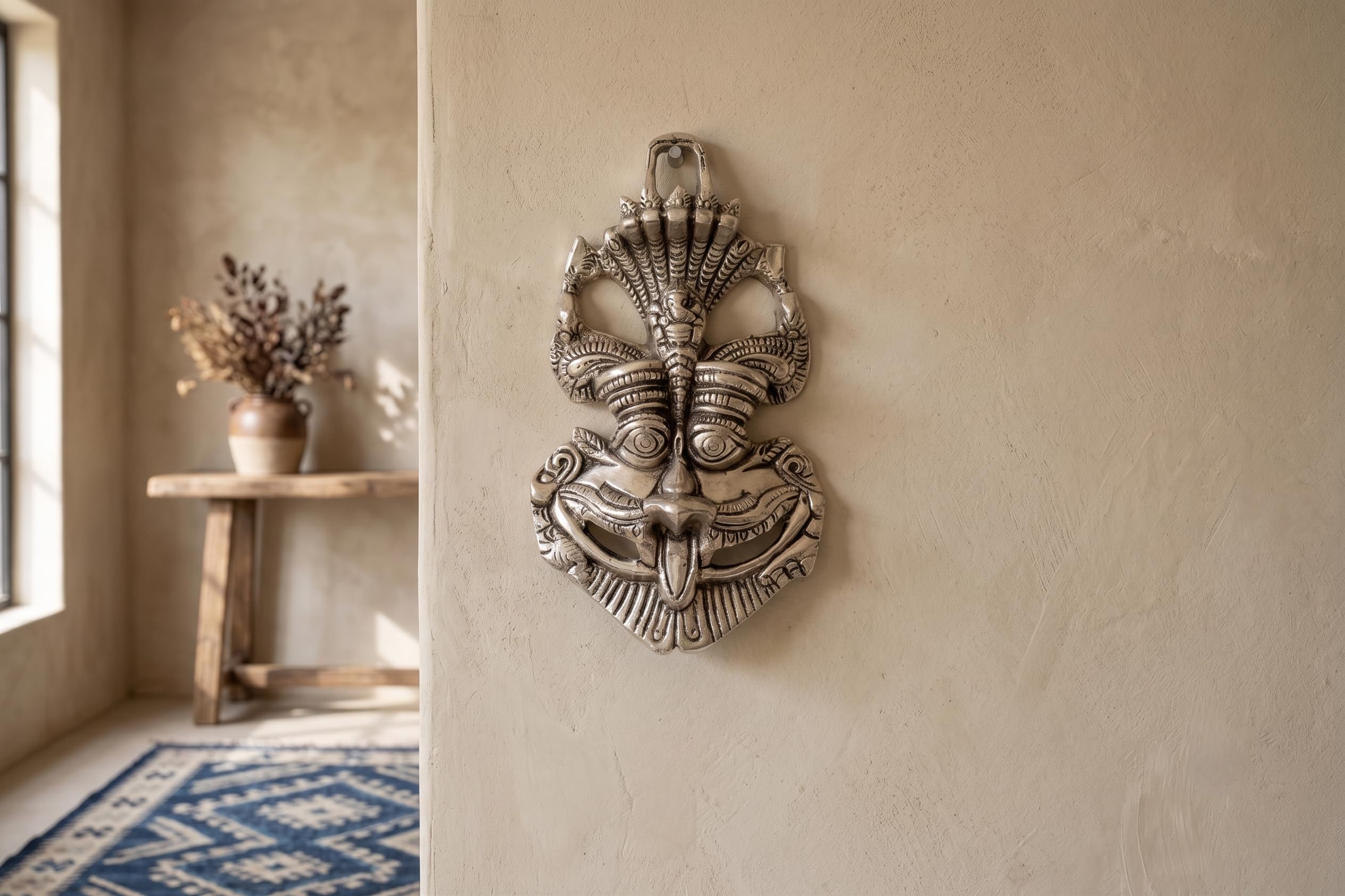 KridayKraft Metal Nazar Battu with Naag Ganesha for Nazar Suraksha (Evil Eye), Suraksha Kawach Mask for Home, Office, Wall & Door Hanging Decor Accessories, Vastu Showpiece (Silver)