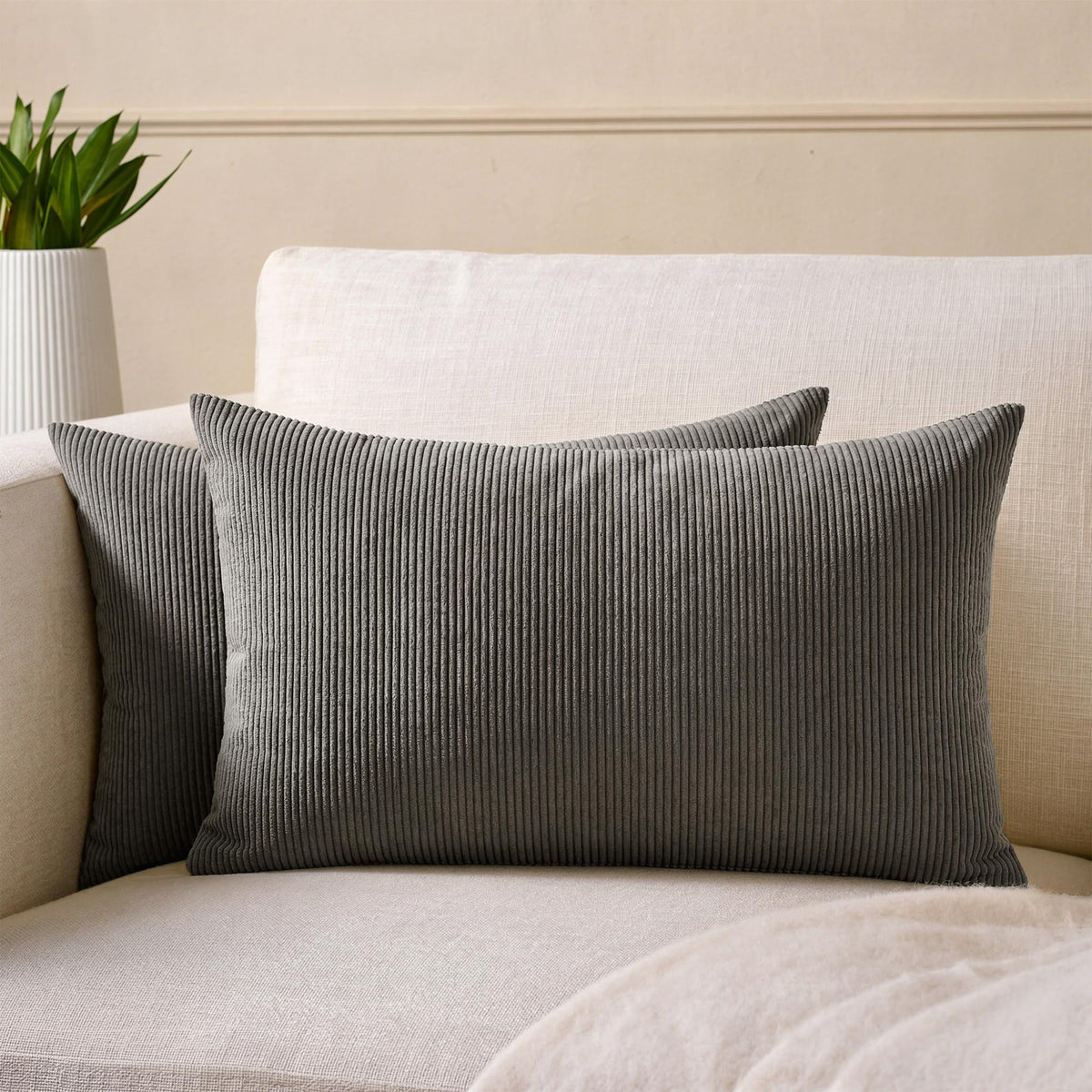 Encasa XO Corduroy Cushion Covers, No Inserts, Set of 2, Dark Grey
