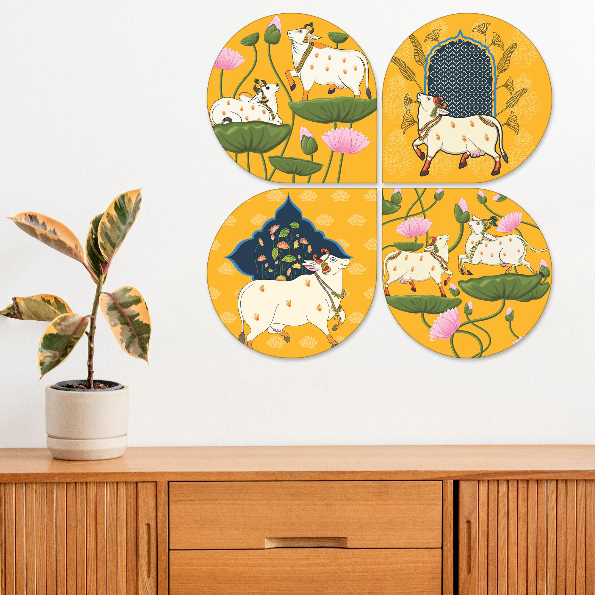 Artvibes Sacred Cow Pichwai Art Decorative Wall Hanging Ornaments | Printed Wall Decoration | Scenery For Drawing Room | Wall Illustrations | Artworks Hangings | Ideal Gifts (WH_8430N), Set of 4