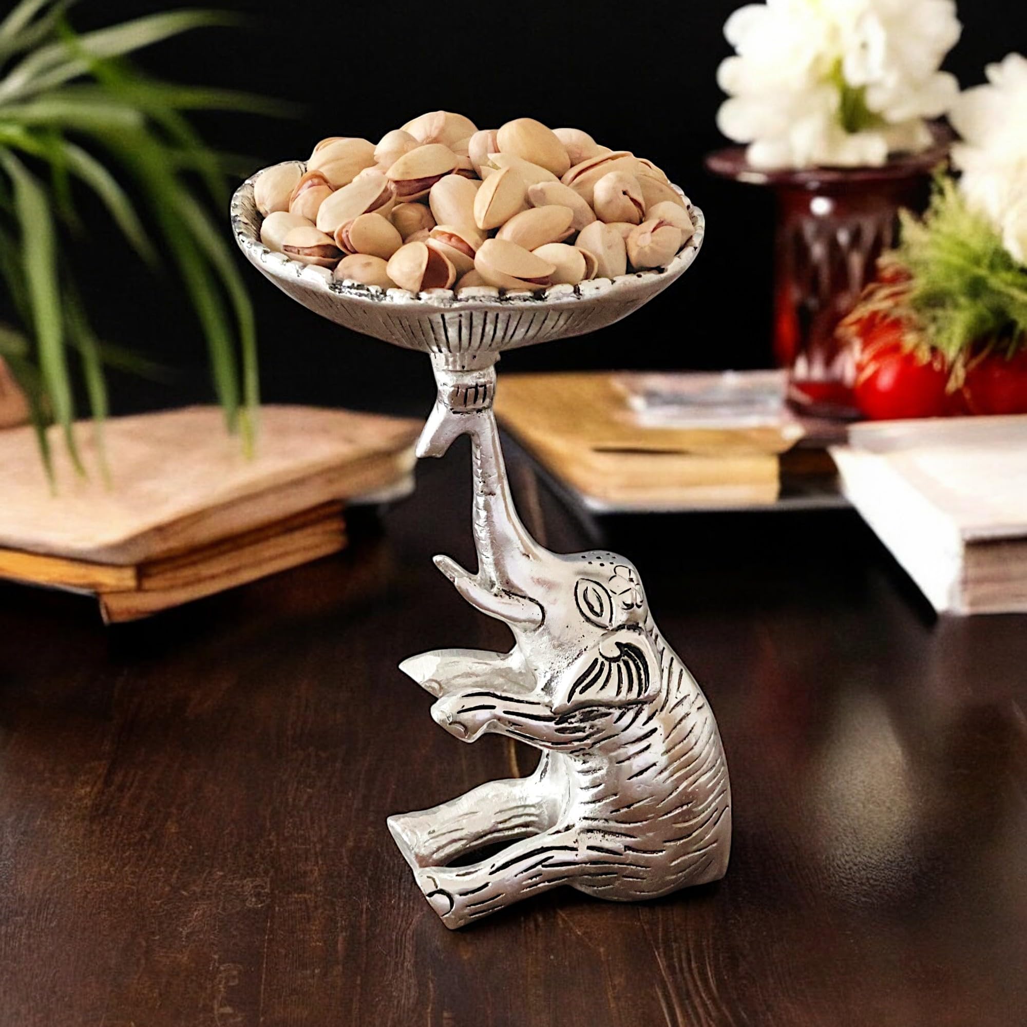 KridayKraft Metal Elephant Dry Fruit Bowl Showpiece Silver Polish for Your Home,Office Table Decorative,Elephant Showpiece Bowl for Gift,Animal Figurines