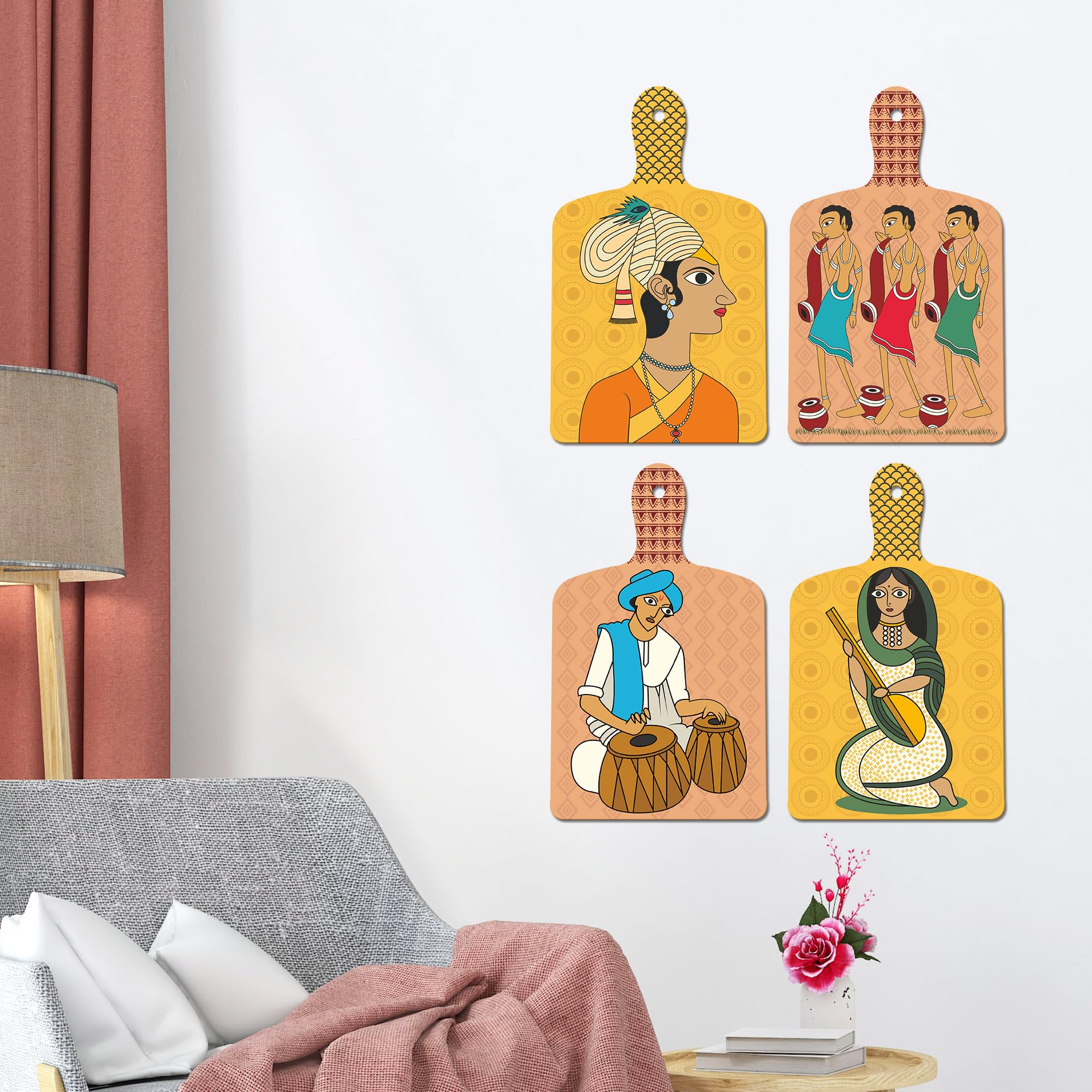Artvibes Indian Folk Music & Dance Pichwai Art Wooden Art Decoration Item for Living Room | Office | Cafe | Graphic Artwork | Wall Art Print | Sceneries | Unique Gift Items (WH_5622N), Set of 4