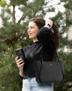 EXOTIC Formal Laptop Handbag for Women, Herringbone Pattern, Leather Trim, Tote Style with Adjustable Shoulder Strap (Black)