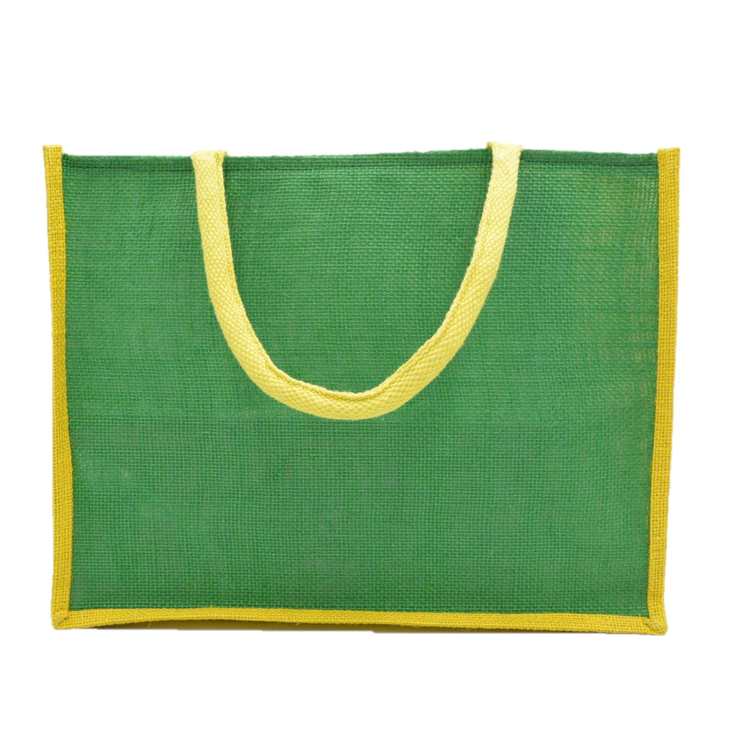 JUTEKA Green and Yellow,quote printed Jute Bag for Lunch, Office, Grocery, Picnic, Tiffin, Shopping Hand Bag with padded cotton handles
