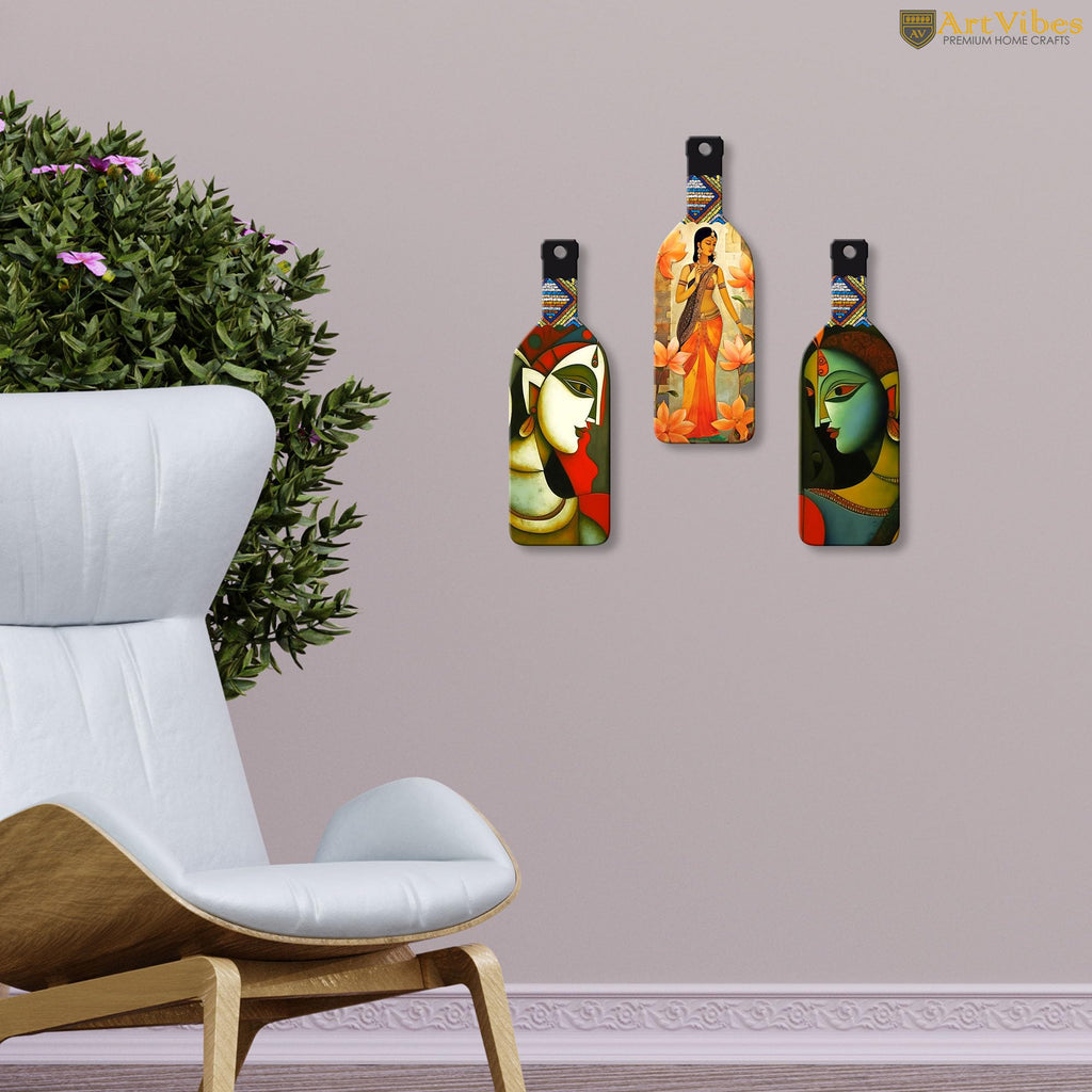 Artvibes Abstract Art Beautiful Woman Decor Bottle shaped Wooden Wall Hanging | Living Room | Wall Art Paintings | Wall Poster | Graphic Art | Artworks Hangings | Ideal Gifts (WH_9503N), Set of 3