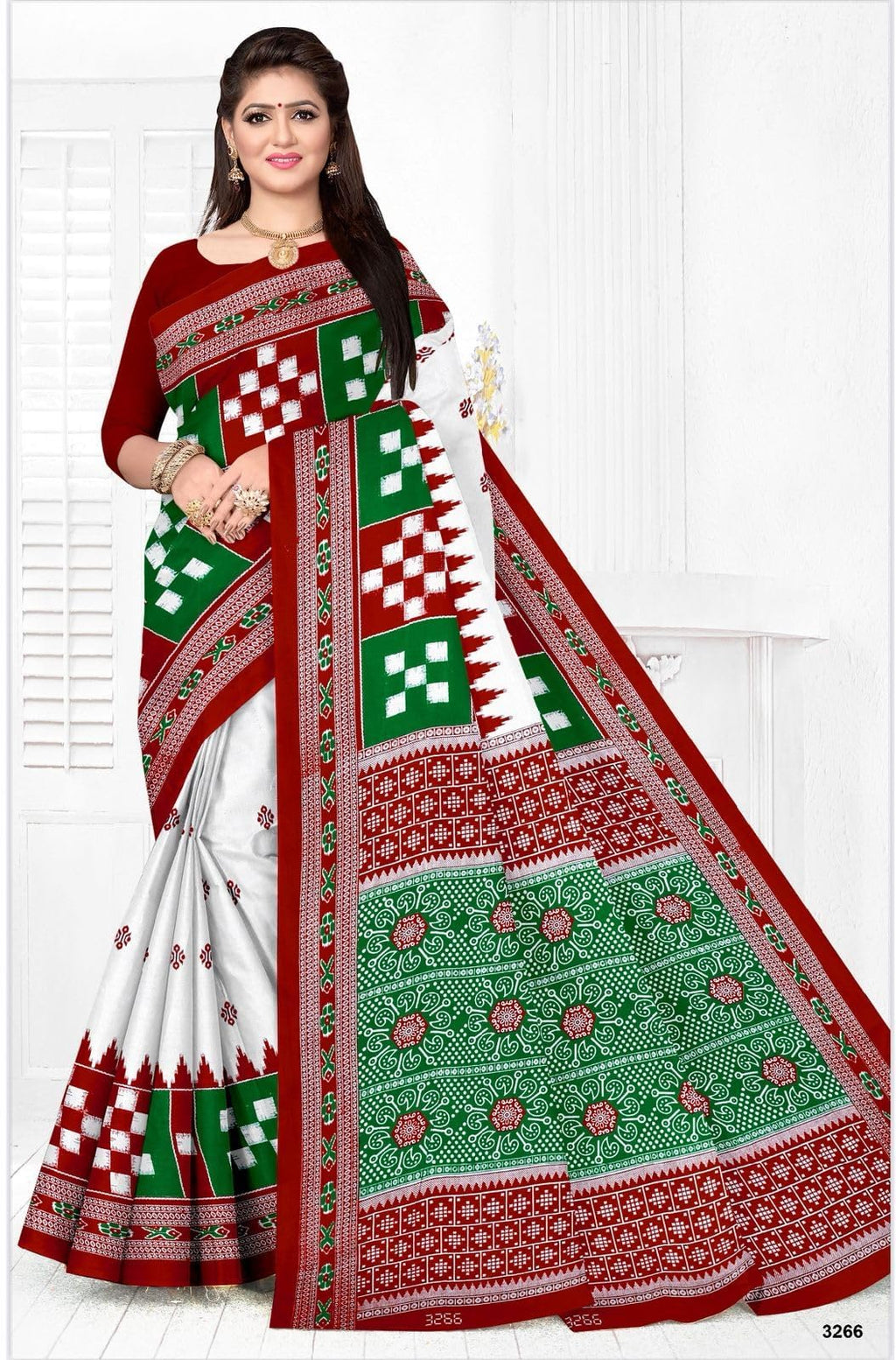 Sareewalla Women Cotton Sambalpuri Saree with Traditional Ethnic Patterns and Decorative Printed Border | Soft Breathable Cotton Saree | Without Blouse Piece (Red)