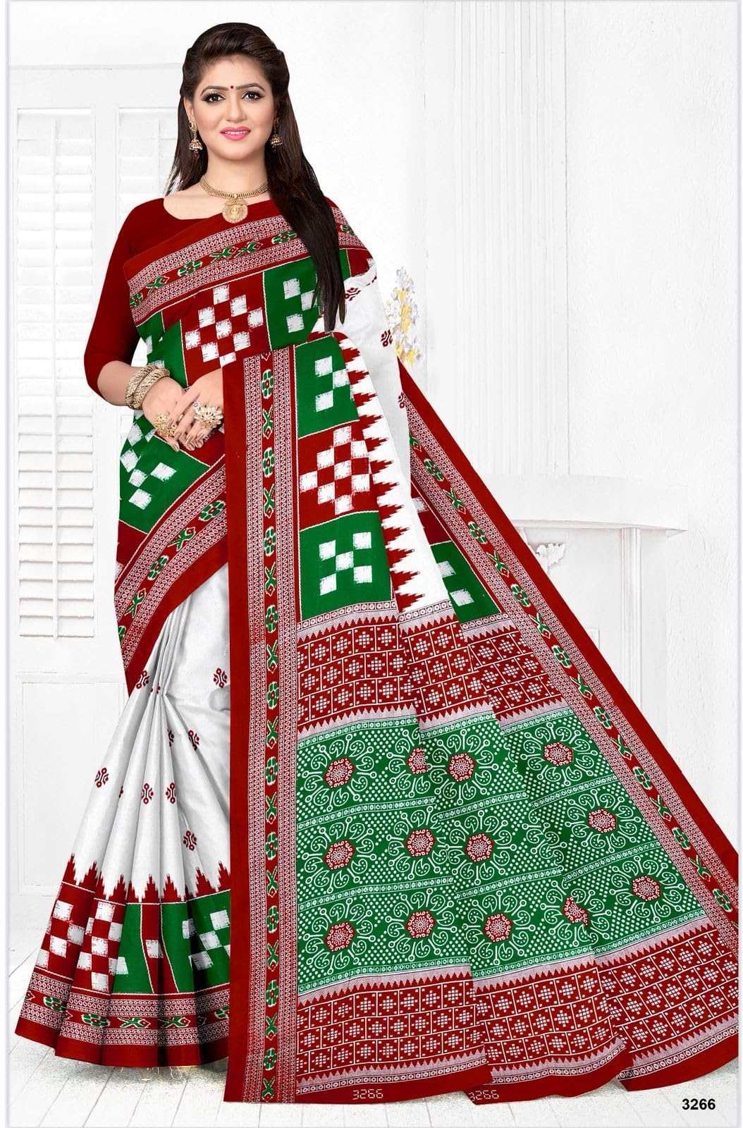 Sareewalla Women Cotton Sambalpuri Saree with Traditional Ethnic Patterns and Decorative Printed Border | Soft Breathable Cotton Saree | Without Blouse Piece (Red)