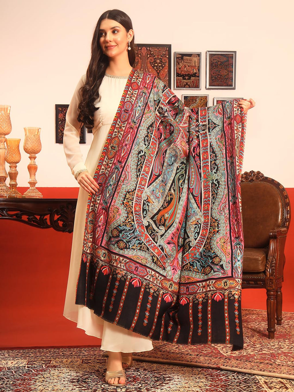 Pashmoda Women Rangrez Rangkalam 100% Pure Wool Fabric Kalamkari Embroidered Shawl (Size: 40x80in, 101x203cm) KAS23