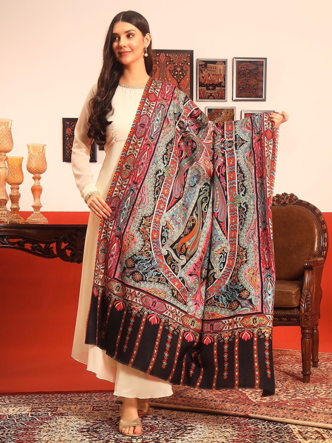 Pashmoda Women Rangrez Rangkalam 100% Pure Wool Fabric Kalamkari Embroidered Shawl (Size: 40x80in, 101x203cm) KAS23