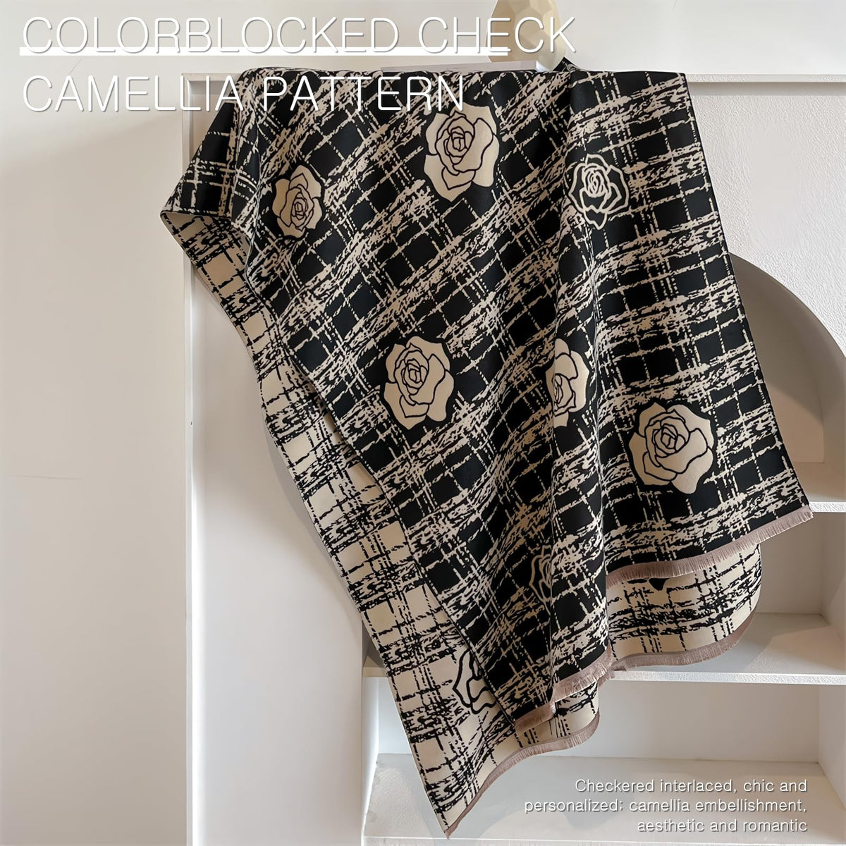 LumiSyne Winter Scarf For Women Pashmina Shawls And Wraps Checked Camellia Pattern Elegant Romantic Style Reversible Cashmere Scarf With Tassel Large Long Neck Scarf Thick Warm Wraps Stole, Black, One