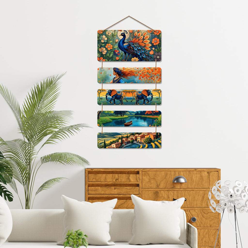 Artvibes Peacock Woman & Village Folk Art Decorative Wall Art MDF Wooden Wall Hanger for Home | Art For Wall | Door Decoration Items | Wall Art Print | Paintings For Wall | Unique Gift Item (WH_6734N)