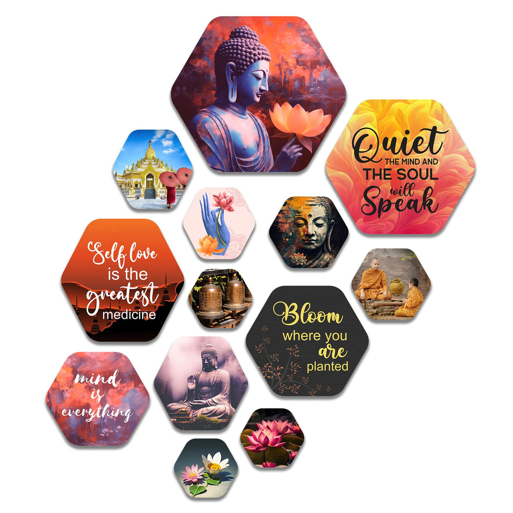 Artvibes Quiet The Mind And The Soul Will Speak Hexagon Shape MDF Wooden Wall Decor Items | Art For Wall | Wall Sculpture | Signs & Plaques | Aesthetic Wooden Decor | Gift Items (WPS_203N), Set of 13