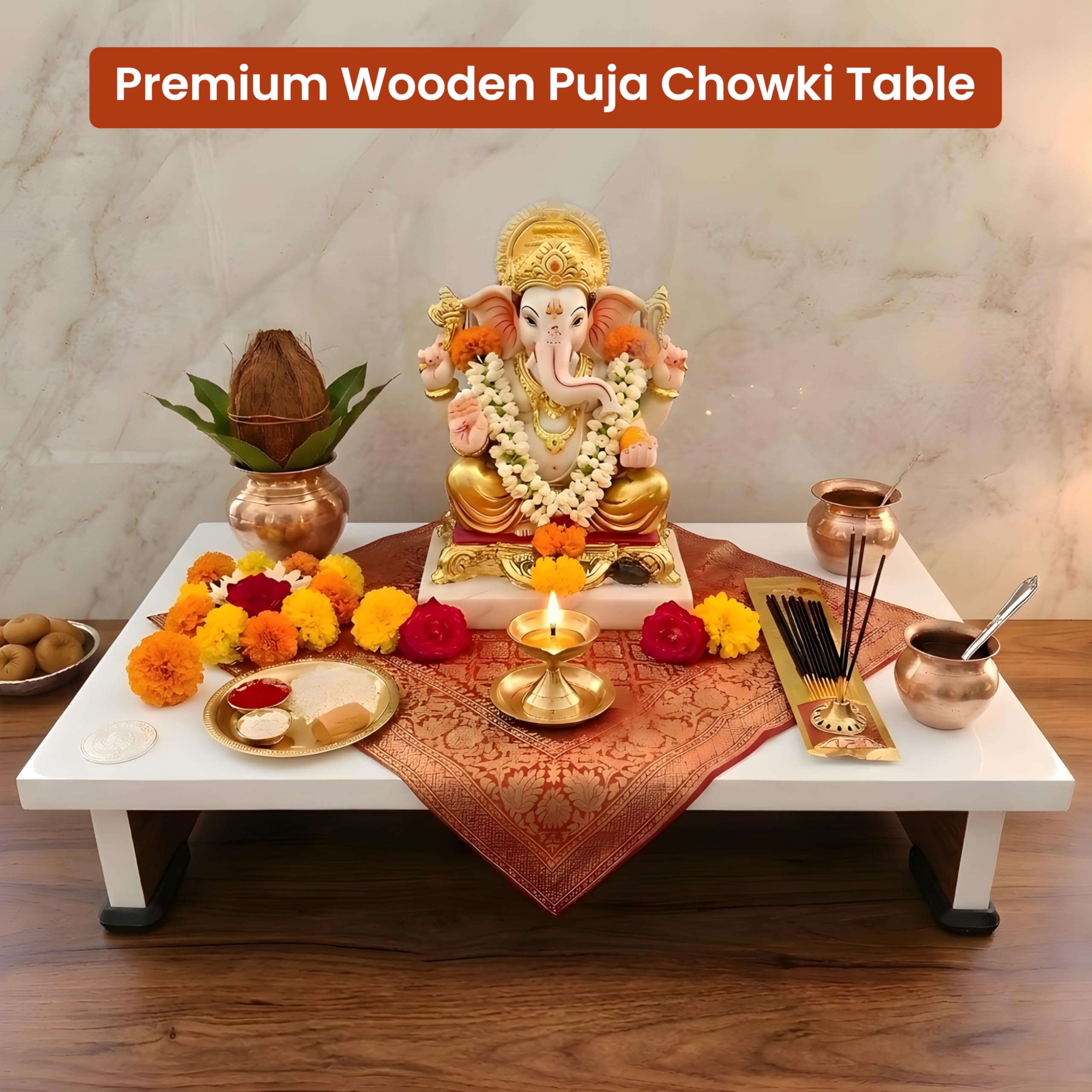 CHISELCHANT Wooden Mandir Stand for Home Temple White Pooja Chowki for Idols Heavy Duty Pooja Stand Table Anti-Slip Base Platform for Home Décor