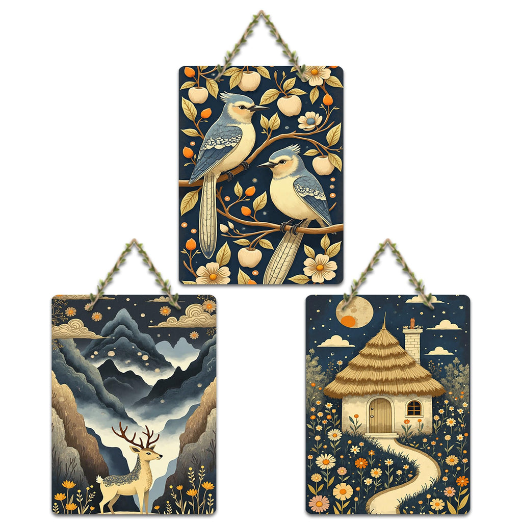 Artvibes Nature Theme Decoration Wooden Wall Hanger for Home Decor | Living Room | Office | Wall Art Painting For Hall | Graphic Artwork | Wall Art Print | Unique Gift Items (WH_96111N), Set of 3