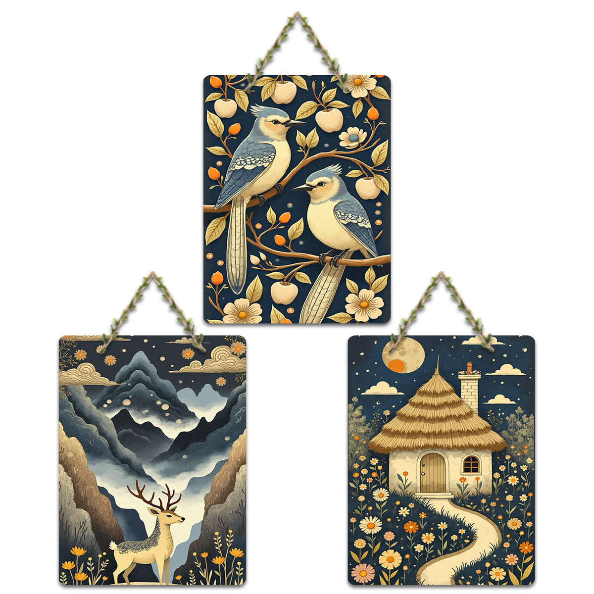 Artvibes Nature Theme Decoration Wooden Wall Hanger for Home Decor | Living Room | Office | Wall Art Painting For Hall | Graphic Artwork | Wall Art Print | Unique Gift Items (WH_96111N), Set of 3