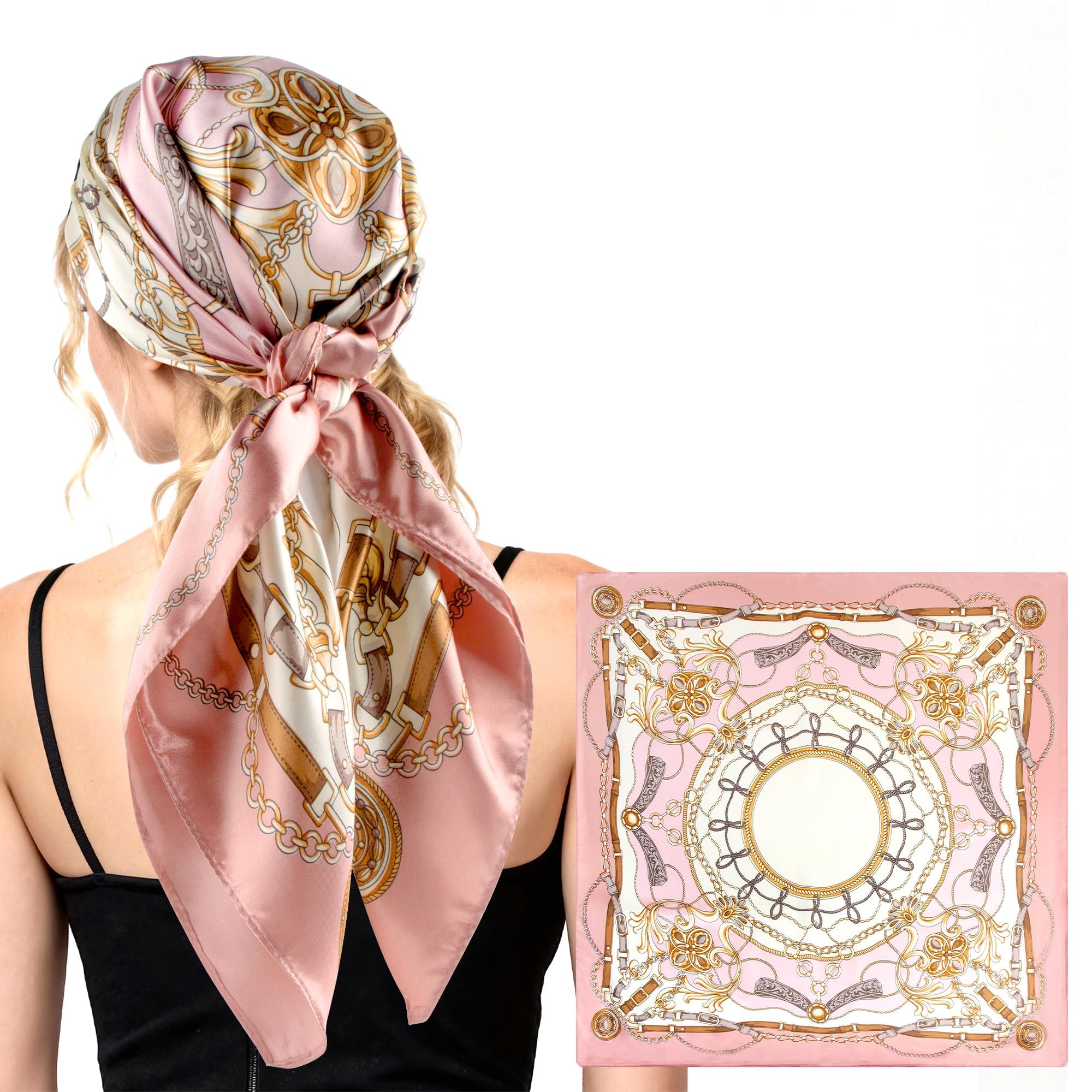 NALNIZ Head Scarf for Women, Bandanas Printed Satin Large Square Hair Scarf Neck Scarves Shawl, Satin Scarf for Ladies Stylish (90x90cm)