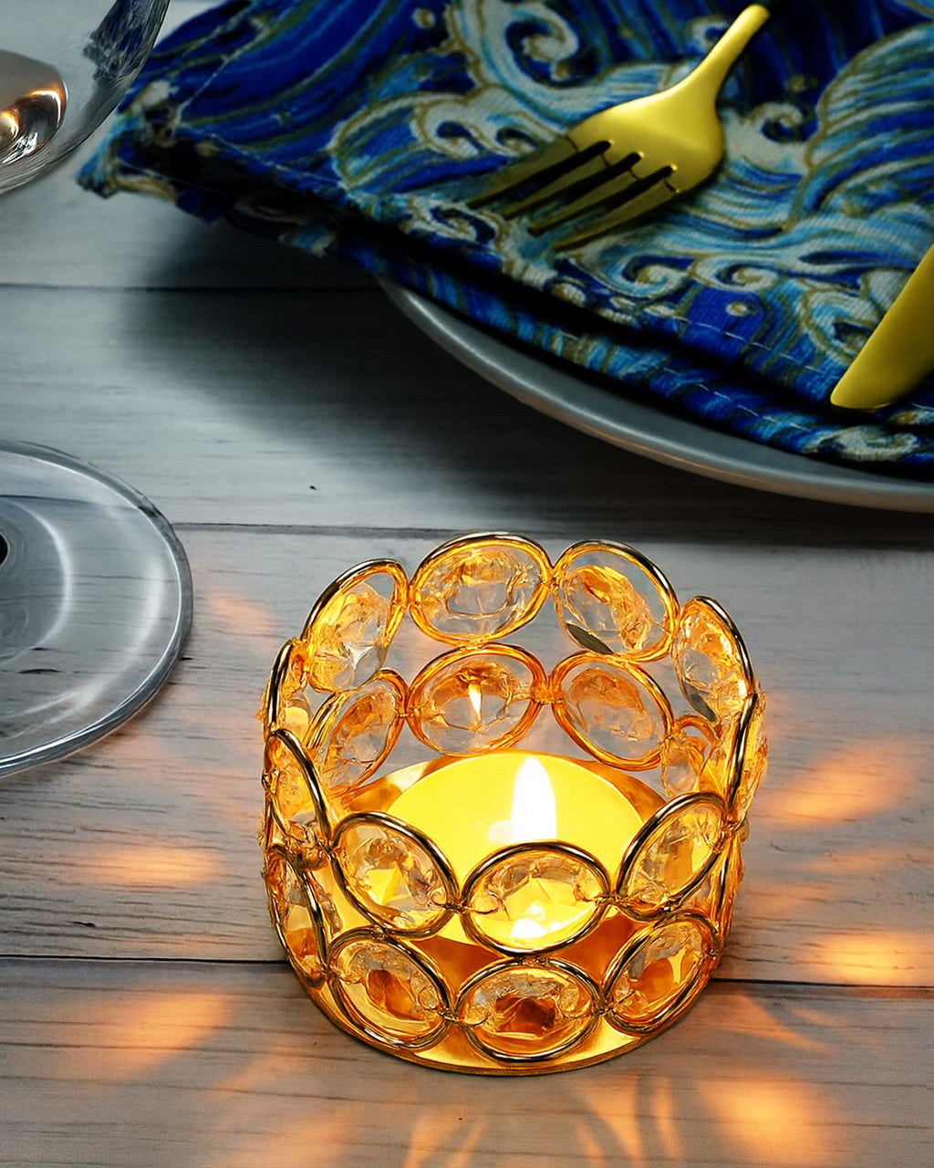 Homesake® Crystal Tea Light Candle Holders, Votives Bowl Candle Holders for Home Decoration, Diya Diwali Lights Centerpieces for Wedding Home Party Table Decoration, (Gold Set of 2)