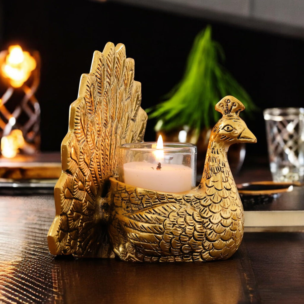 KridayKraft Metal Dancing Peacock Pair Vastu Figurine for Good Luck, Love and Prosperity | Aluminium Votive Candle Holder Showpiece for Diwali, Housewarming and Anniversary Gifting | Set of 2