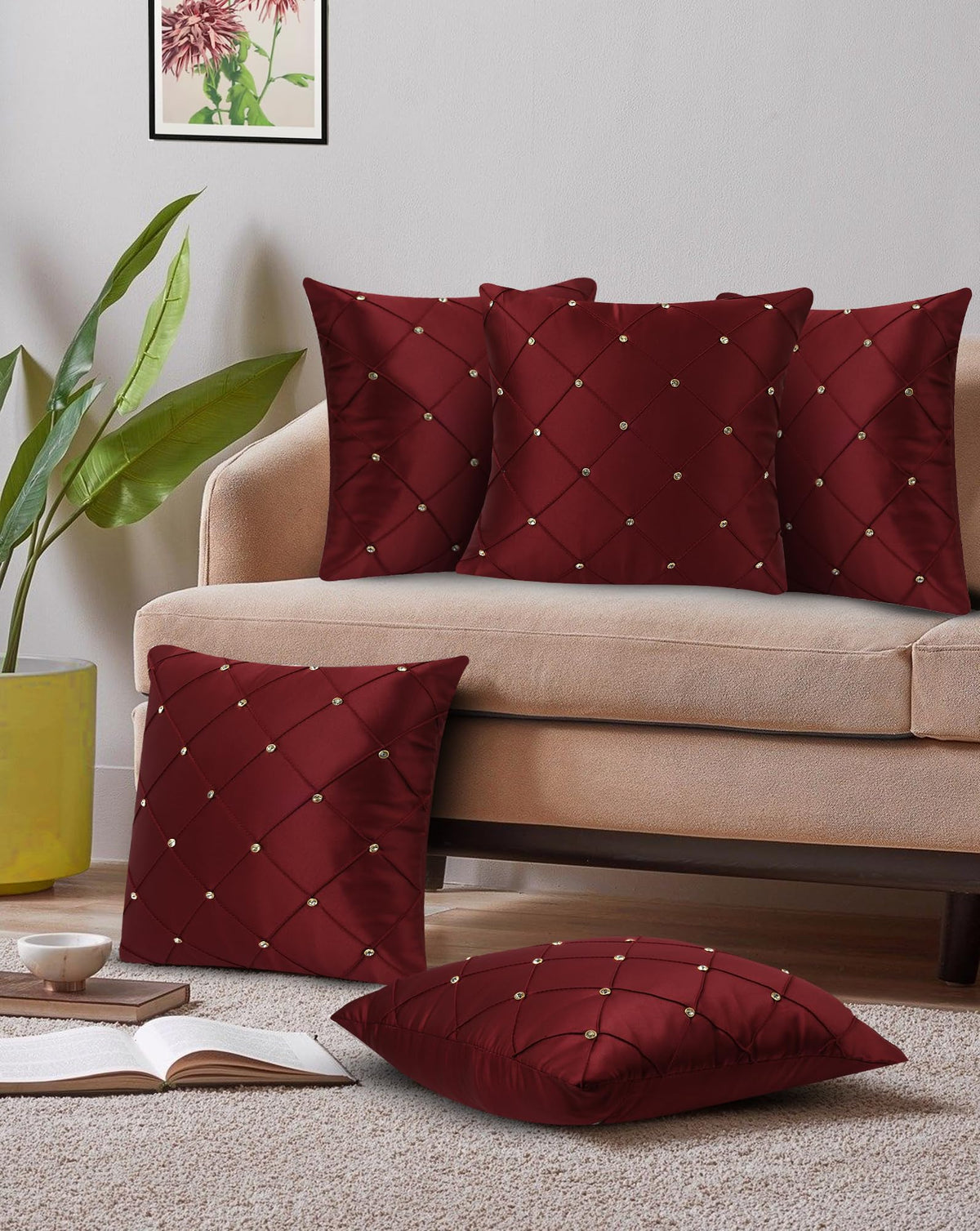 JDX Attractive Cushion Cover Set for Living Room and Sofa, 8047_Red - Velvet, 250Tc