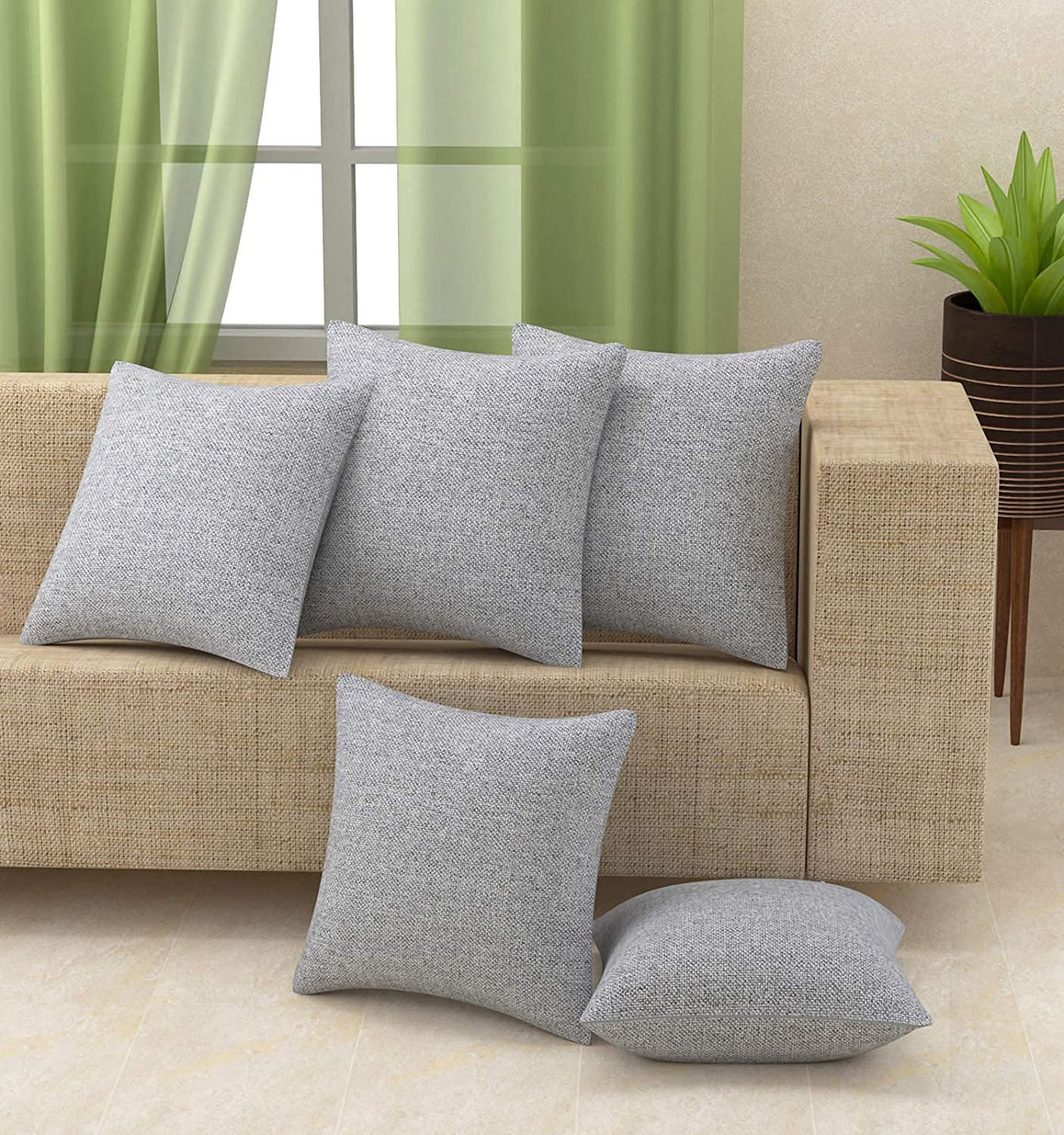 Yellow Weaves Jute Texture Cushion Covers, 16 X 16 Inches, Grey, Set of 5, 250 TC