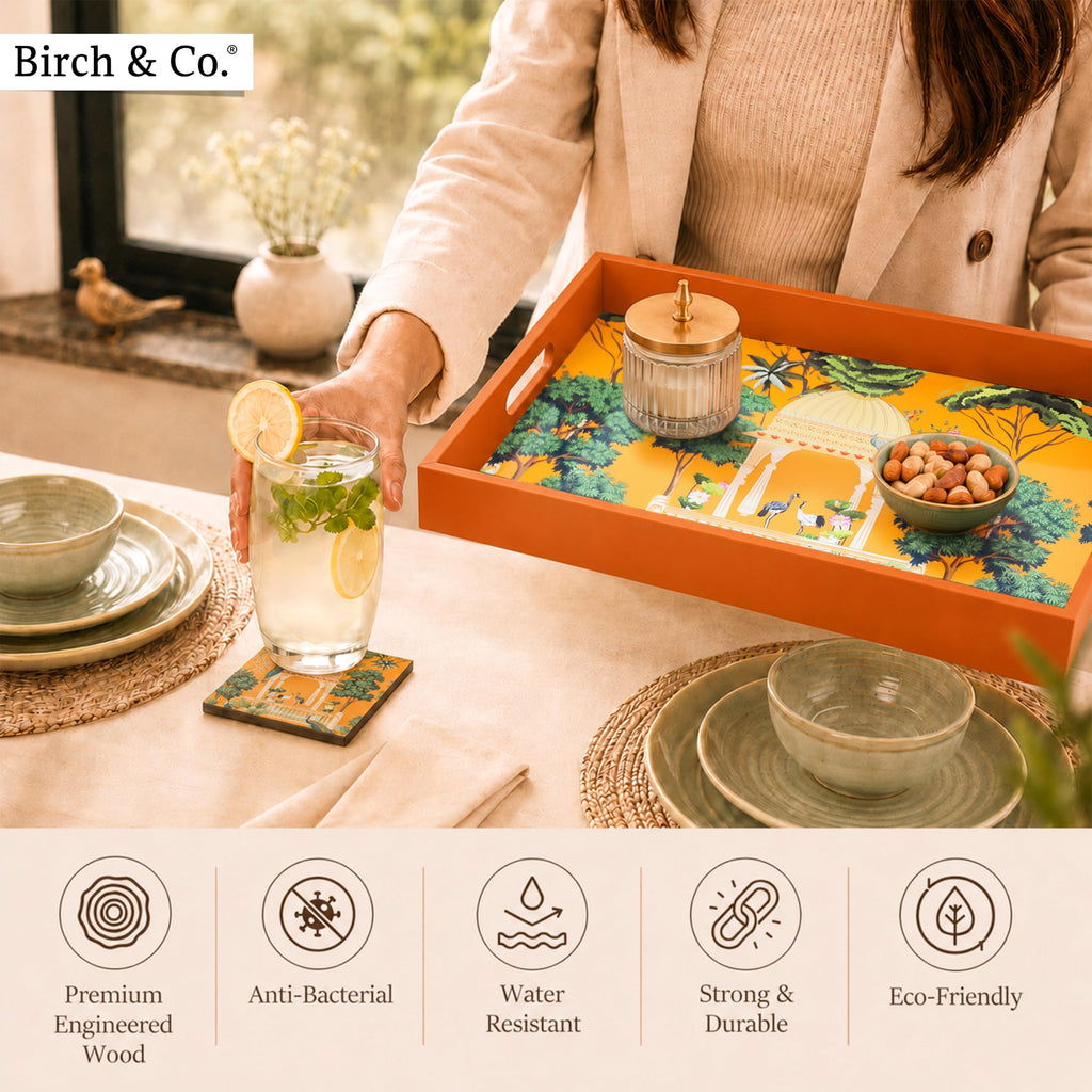 Birch & Co. Wooden Tray For Serving-Free 4 Coasters-10 Inch X 15 Inch-Serving Tray-Tray Set For Decoration-Tea Trays-Big Coffee Tray-Premium Mdf Trey-Wooden Serving Trays-Resin Tray,Rectangular