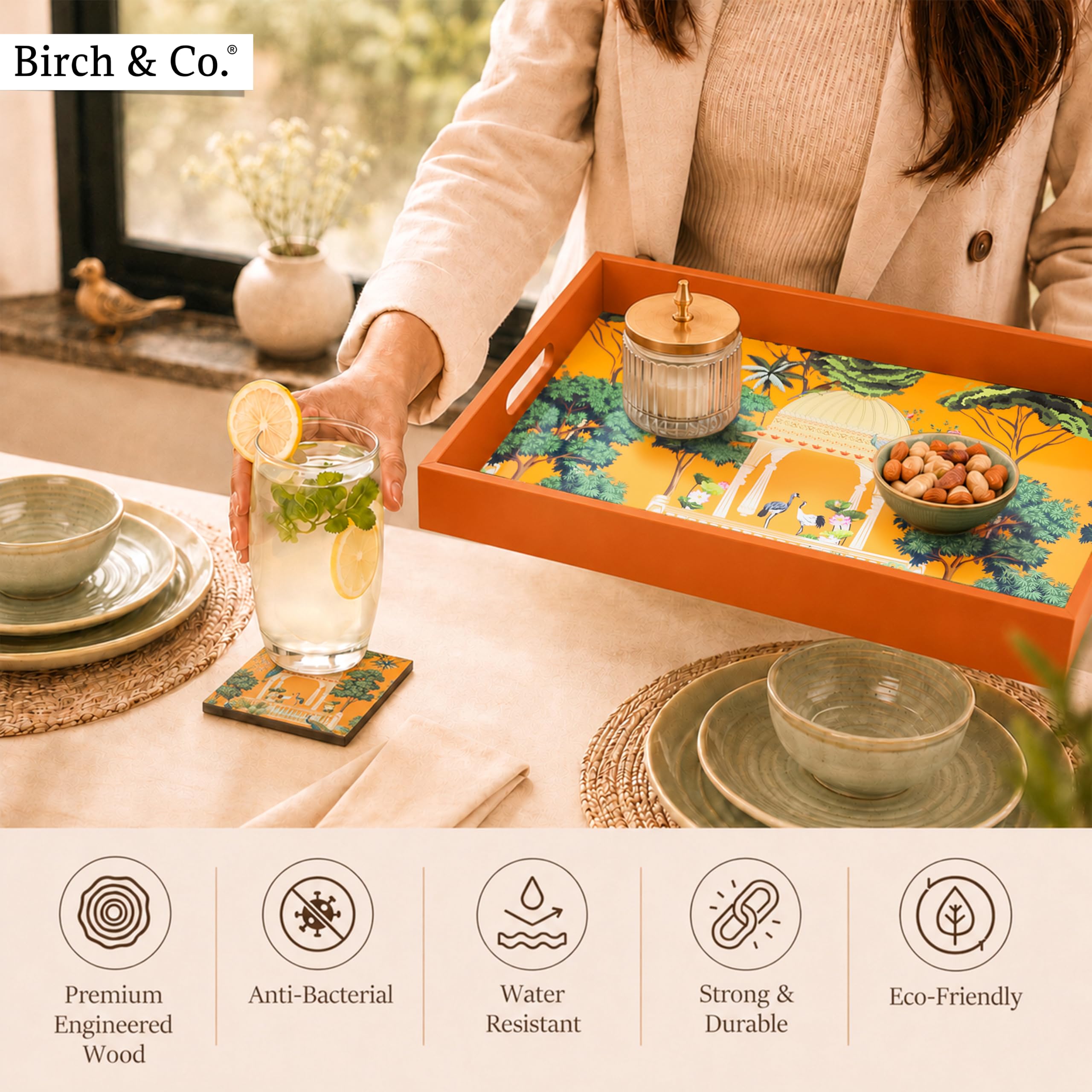 Birch & Co. Wooden Tray For Serving-Free 4 Coasters-10 Inch X 15 Inch-Serving Tray-Tray Set For Decoration-Tea Trays-Big Coffee Tray-Premium Mdf Trey-Wooden Serving Trays-Resin Tray,Rectangular