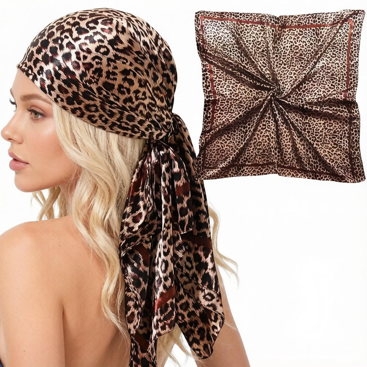 Ahamo Leopard Print Satin Square Scarf for Women 90 x 90 cm Brown Head Scarf Lightweight Bandana Fashion Neck Wrap Large Satin Hair Scarf for Women Stylish Headband Shawl and Bag Accessory