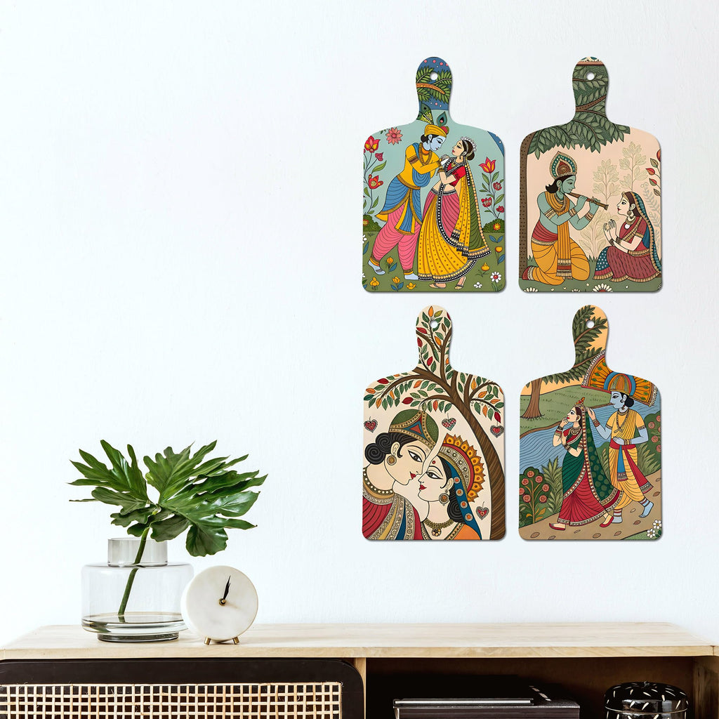 Artvibes Ethnic Indian Shri Radha Krishna Folk Art Wooden Wall Hanger for Home | Spiritual Decor Items | Wall Poster | Artwork| Stylish Modern Decor Item | Gift Items (WH_5647N), Set of 4